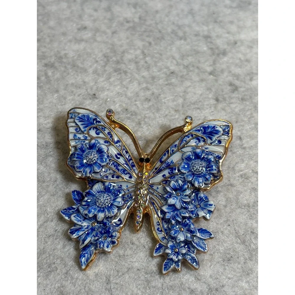 #63. Blue & White Floral Butterfly Brooch